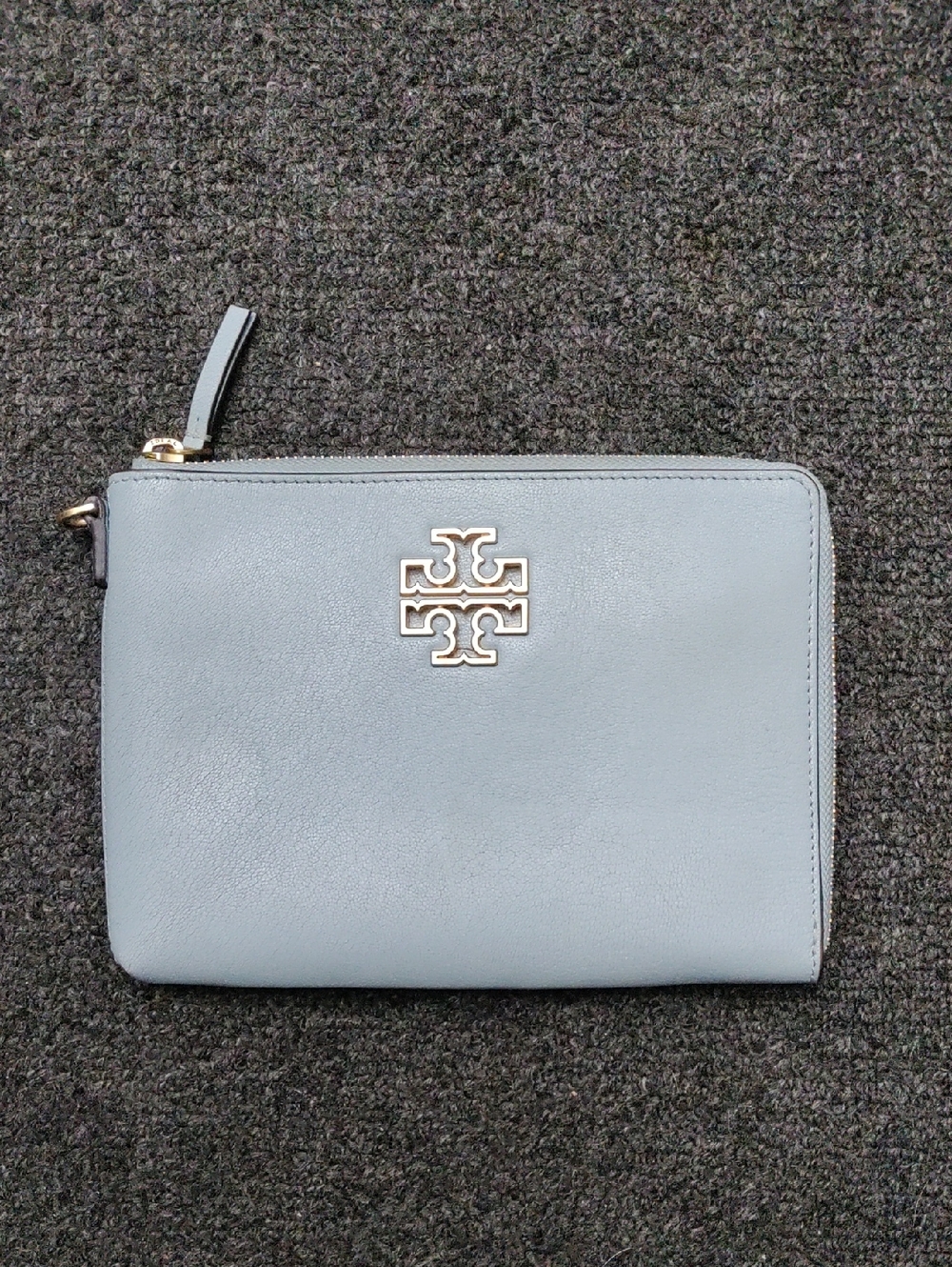 Tory Burch Pale Blue Leather Zip Wristlet with Gold Logo